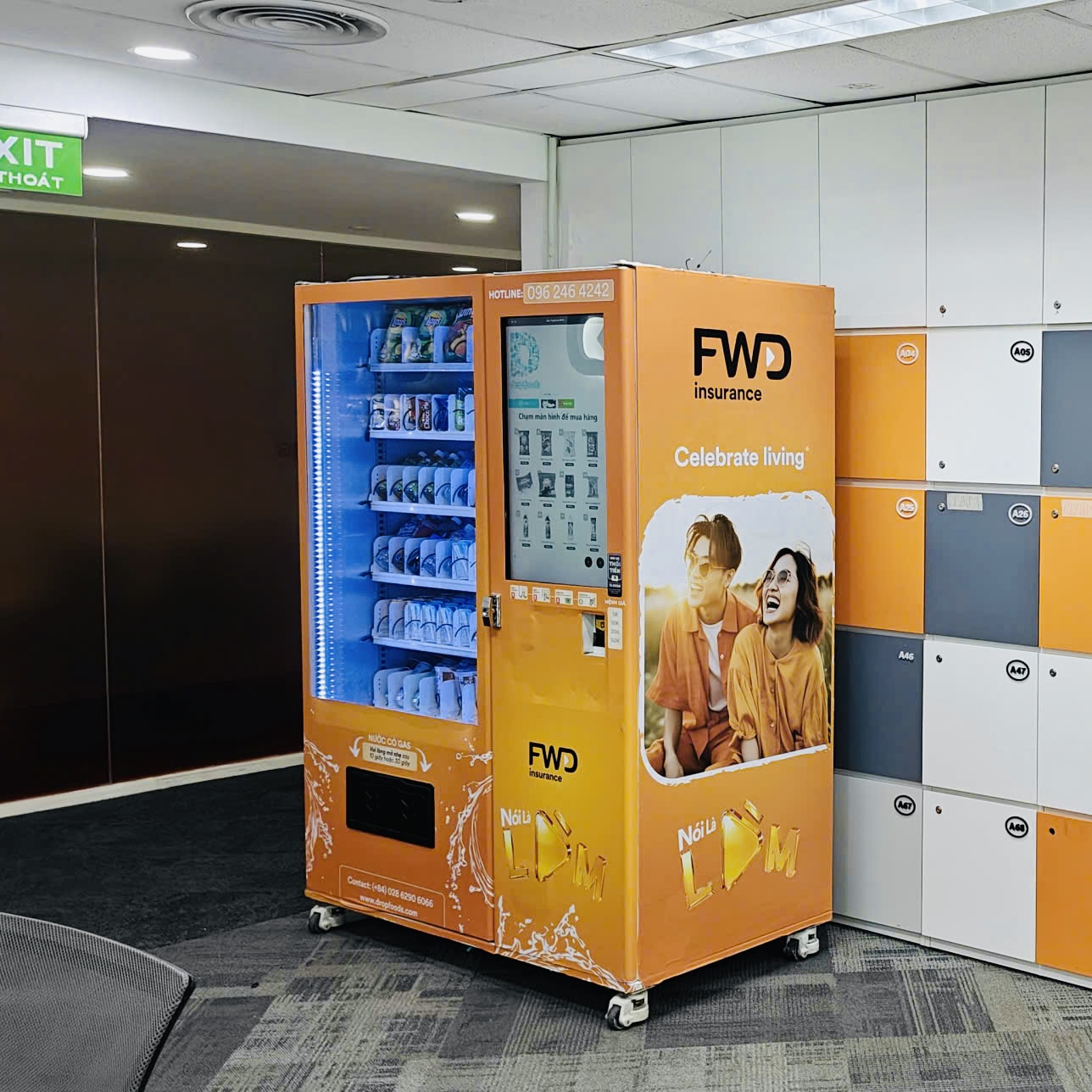 Angled view of the Dropfoods smart vending machine at FWD in an office environment
