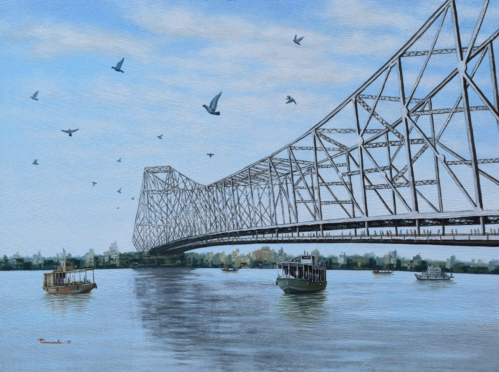 Artflutecom  acrylic painting by purnendu mandal  howrah bridge