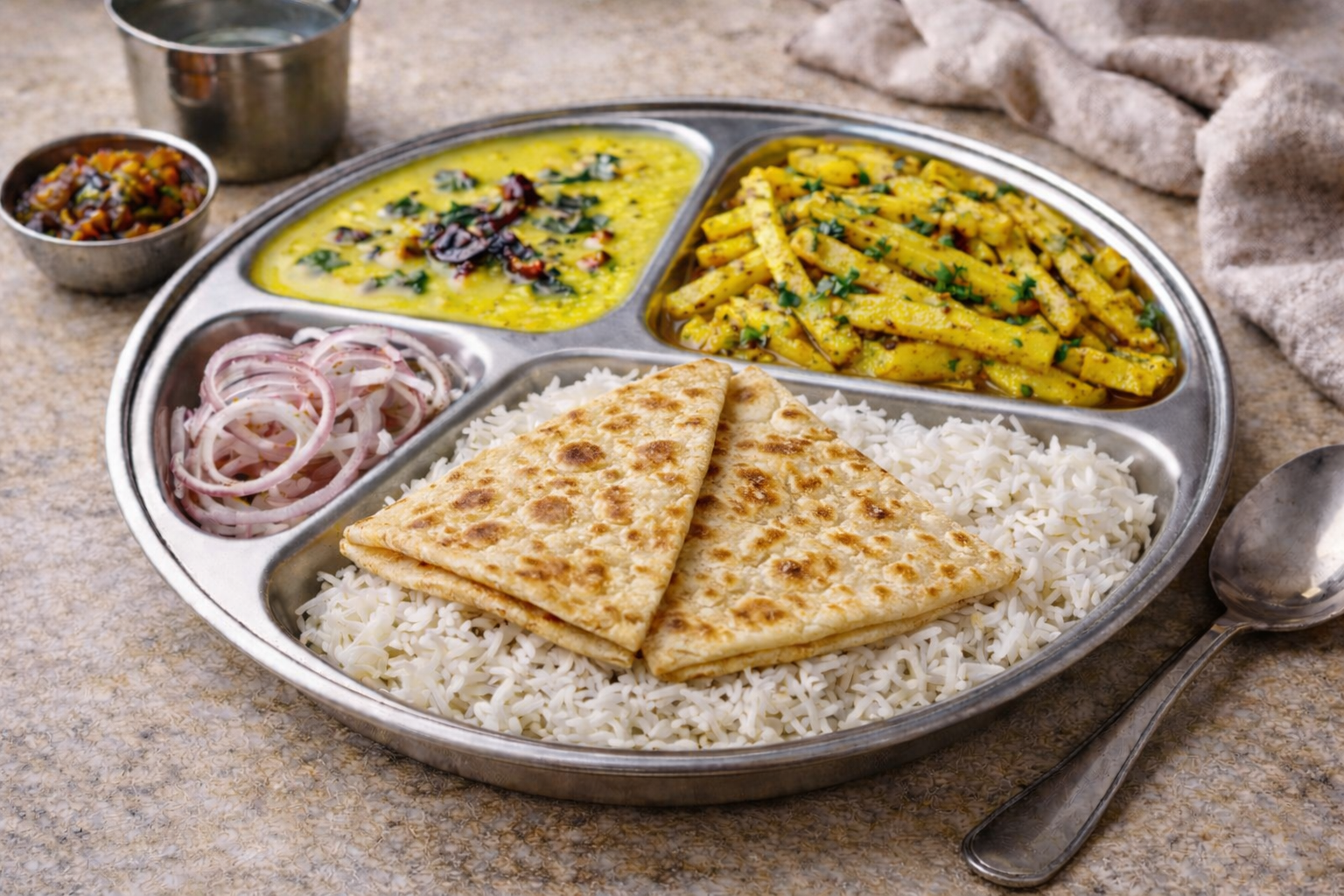 Punjabi Kadhi Aloo Bhujiya Homely Thali