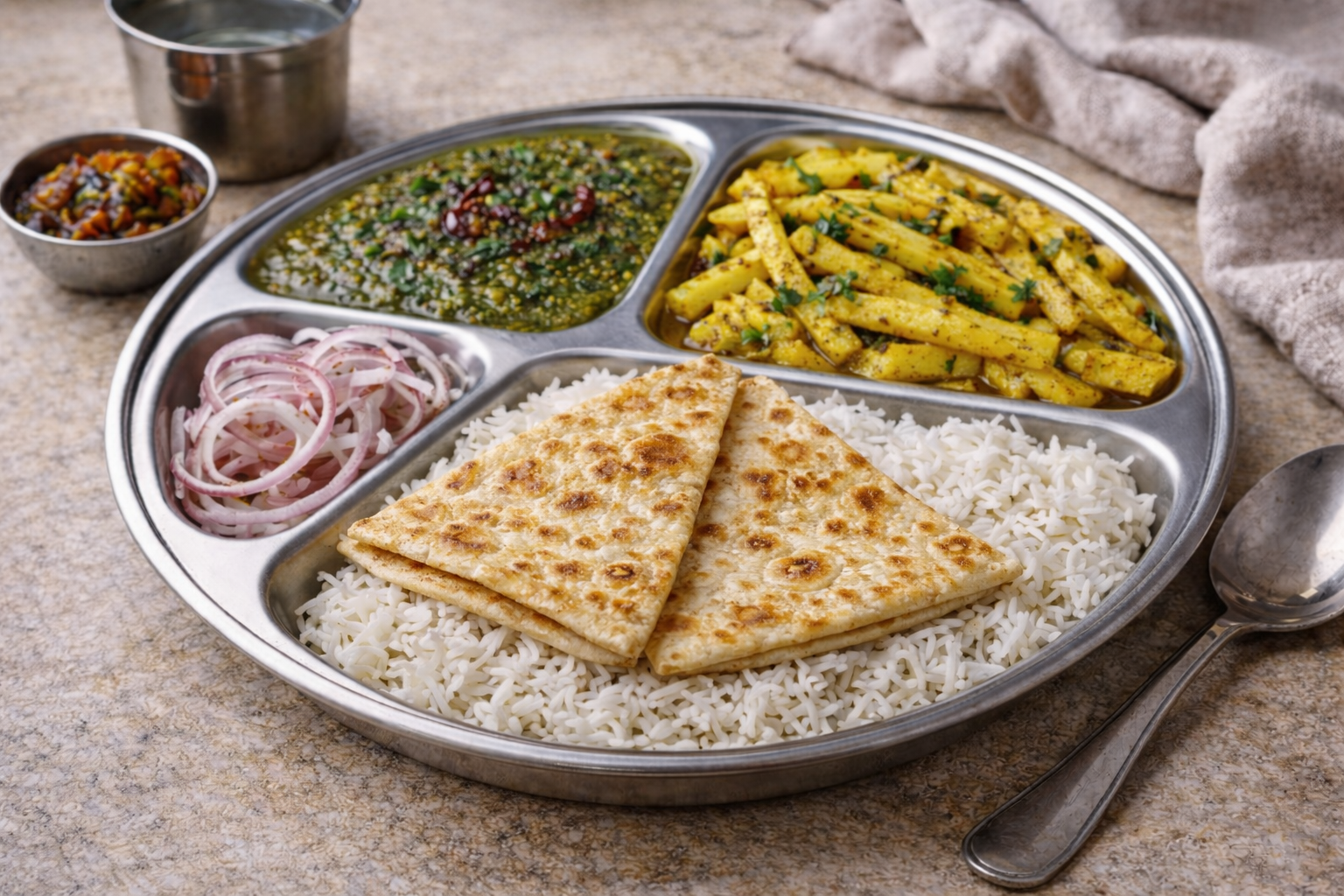Palak Pappu Aloo Bhujia Homely Thali
