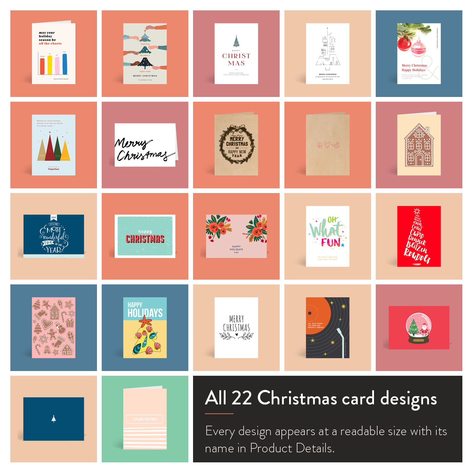 Grid showing all 22 corporate Christmas card design tiles available in the catalogue.