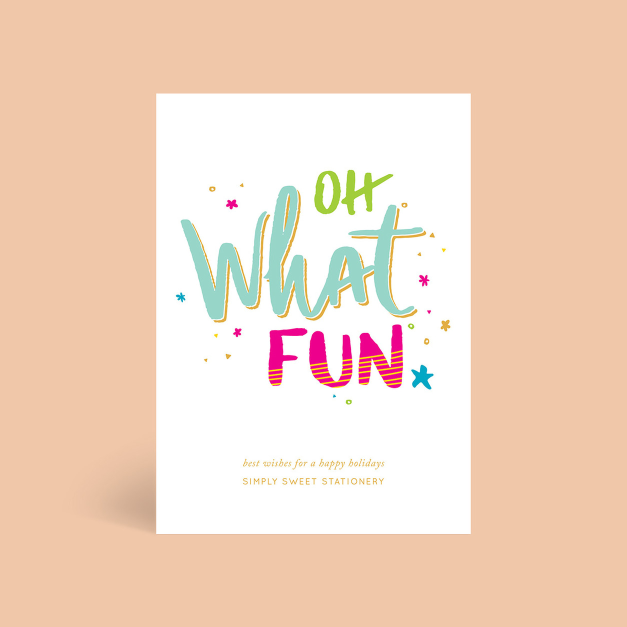 OH WHAT FUN corporate Christmas card flat design tile, folded A6, 300gsm matte, full colour outside