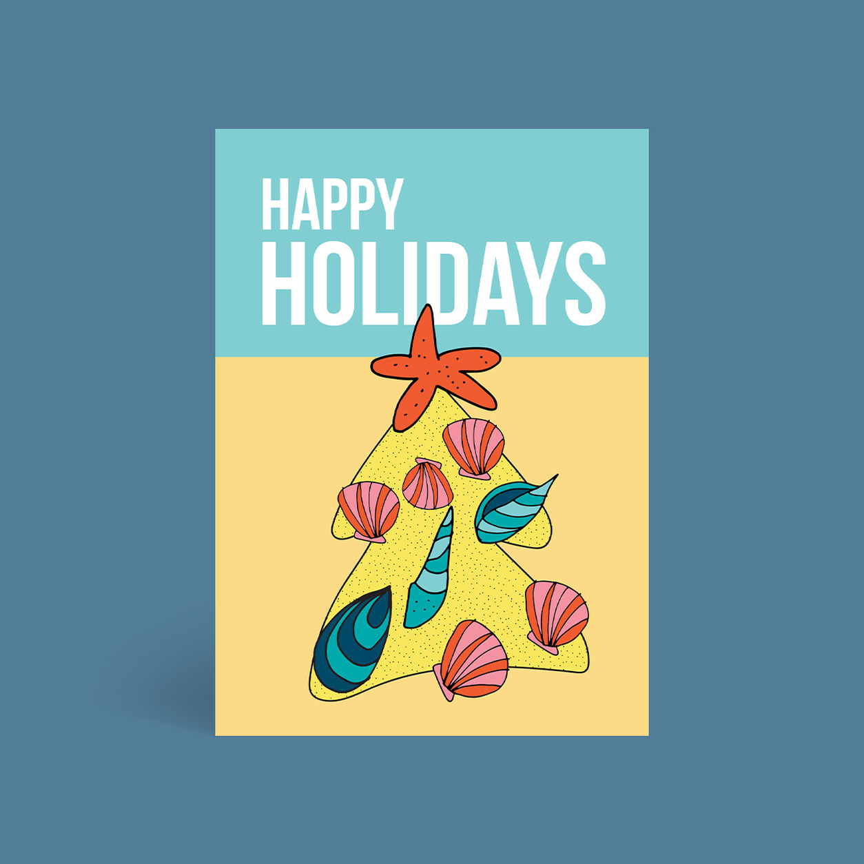 Beach Christmas corporate Christmas card flat design tile, folded A6, 300gsm matte, full colour outside