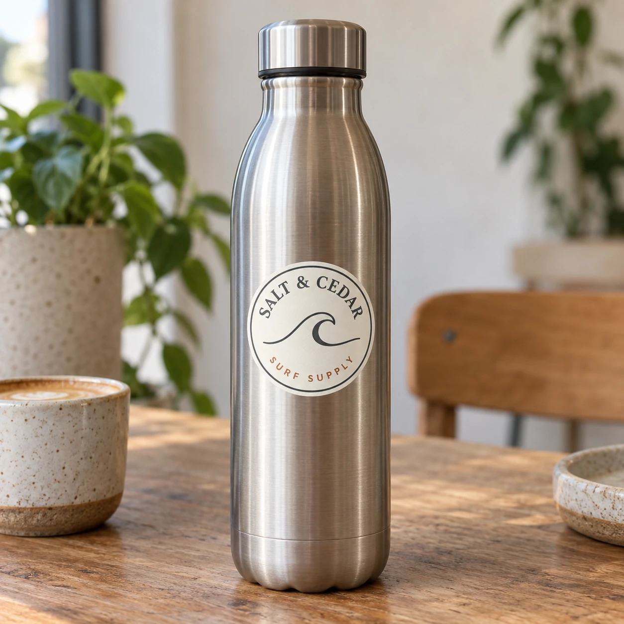 A round cream logo sticker with a charcoal ring and line drawn wave sits flat on a brushed stainless steel drink bottle