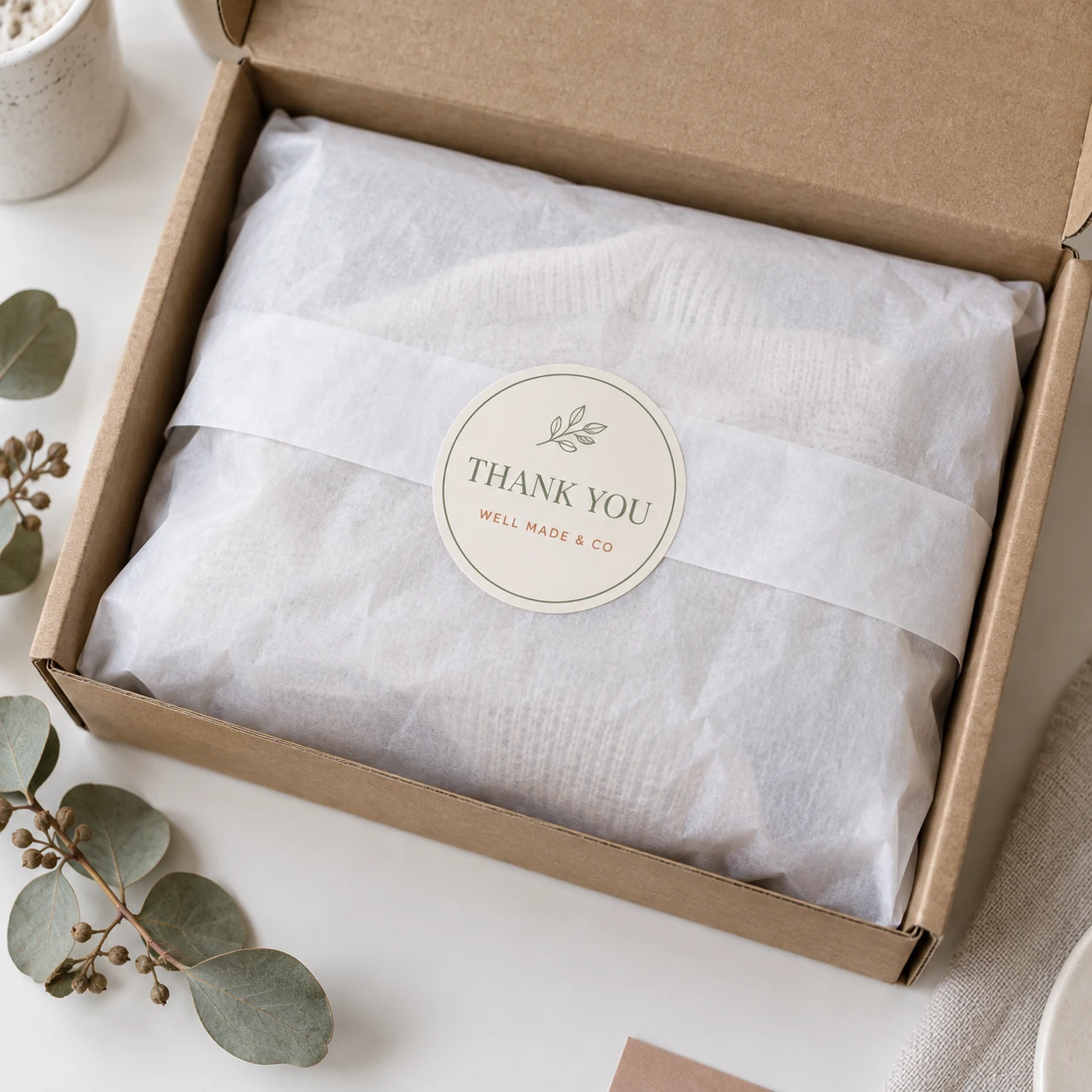 The round cream thank you sticker with a thin sage ring seals white tissue over a knitted garment in a kraft mailer box