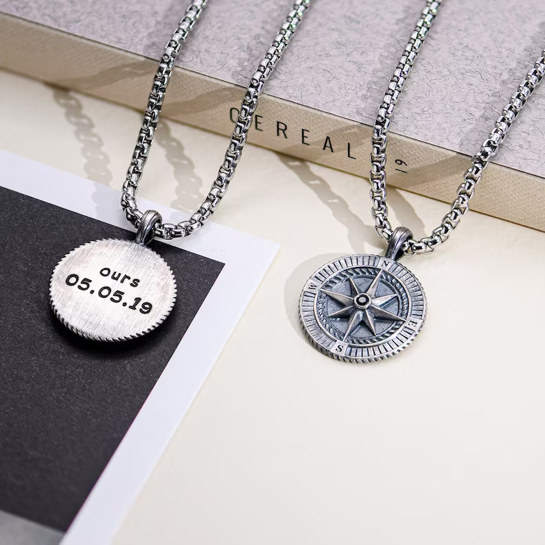 40+ Best Personalized Valentines Gifts For Him 2023 75 Engraved Silver Compass Pendant Necklace for Men