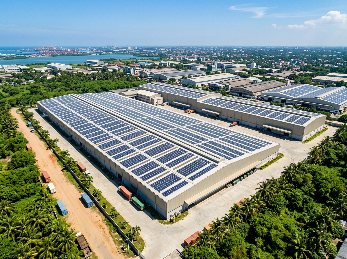 Illustrative — commercial roofs carry three-phase arrays from 20 kWp