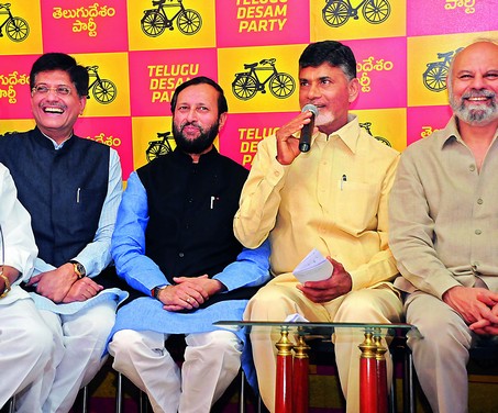MP and BJP national treasurer Piyush Goyal, BJP spokesperson Prakash Javadekar, TD president N. Chandrababu Naidu and Akali Dal MP Naresh Gujral at a press conference on Sunday. (Photo: Deepak Deshpande) MP and BJP national treasurer Piyush Goyal, BJP spokesperson Prakash Javadekar, TD president N. Chandrababu Naidu and Akali Dal MP Naresh Gujral at a press conference on Sunday. (Photo: Deepak Deshpande)