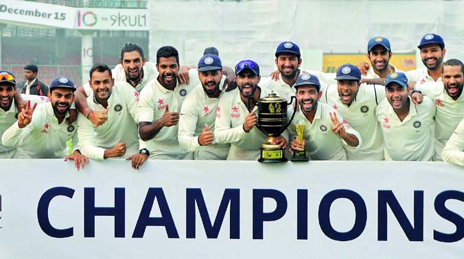 A triumphant Team India pose after winning the four-match Test series 3-0 against South Africa in New Delhi on Monday. (Photo: Biplab Banerjee) A triumphant Team India pose after winning the four-match Test series 3-0 against South Africa in New Delhi on Monday. (Photo: Biplab Banerjee)