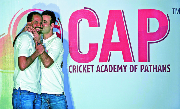 Indian cricketer Irfan Pathan (right) jokingly kisses his brother Yusuf Pathan during the launch event for the Cricket Academy of Pathans in Mumbai. (Photo: AFP) Indian cricketer Irfan Pathan (right) jokingly kisses his brother Yusuf Pathan during the launch event for the Cricket Academy of Pathans in Mumbai. (Photo: AFP)