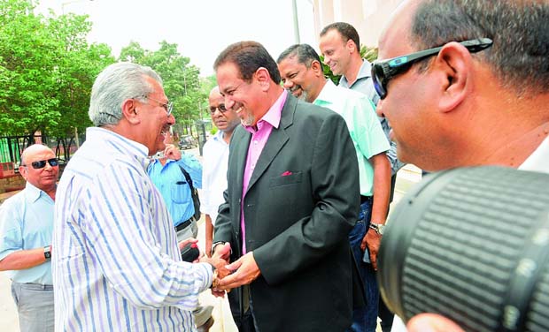 ICC president Zaheer Abbas is received by Hyderabad Cricket Association president Arshad Ayub as other officials look on at the RGICS in Hyderabad on Monday. ICC president Zaheer Abbas is received by Hyderabad Cricket Association president Arshad Ayub as other officials look on at the RGICS in Hyderabad on Monday.
