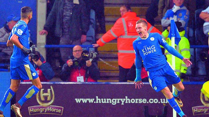 Leicester City striker Jamie Vardy celebrates scoring a goal during their English Premier League match against Chelsea at the King Power Stadium in Leicester on Monday. Leicester won 2-1. (Photo: AFP) Leicester City striker Jamie Vardy celebrates scoring a goal during their English Premier League match against Chelsea at the King Power Stadium in Leicester on Monday. Leicester won 2-1. (Photo: AFP)