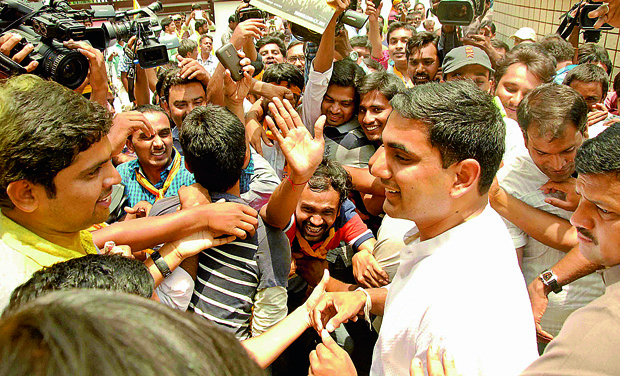 Nara Lokesh greets TD supporters gathered at the party office in Hyderabad on Friday. (Photo: DECCAN CHRONICLE) Nara Lokesh greets TD supporters gathered at the party office in Hyderabad on Friday. (Photo: DECCAN CHRONICLE)