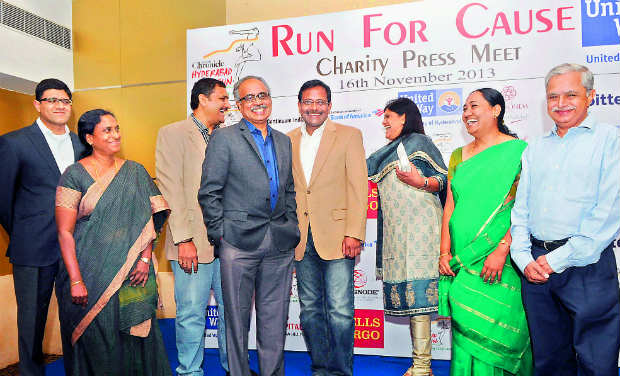 Vipul Khanna, Vijaya Lakshmi, Subba Rao, senior executive from ADP; Dr Ramesh Babu, founder member of Hyderabad 10K Run; Ramesh Khaza, Suchitra Ella, Rekha and Thyagarajan share a light moment during the press meet of the 11th edition of the Vipul Khanna, Vijaya Lakshmi, Subba Rao, senior executive from ADP; Dr Ramesh Babu, founder member of Hyderabad 10K Run; Ramesh Khaza, Suchitra Ella, Rekha and Thyagarajan share a light moment during the press meet of the 11th edition of the