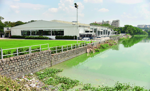 A view of the lake area encroached by the N-Convention centre. The centre has encroached around two acres of buffer zone of Thammidi Kunta Lake, Madhapur. Earlier, a shed facing the lake was demolished in the anti-encroachment drive by the GHMC A view of the lake area encroached by the N-Convention centre. The centre has encroached around two acres of buffer zone of Thammidi Kunta Lake, Madhapur. Earlier, a shed facing the lake was demolished in the anti-encroachment drive by the GHMC