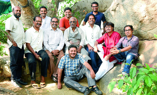 Bhaskara Rao Botsa, Srinivas Tingeerkar and Rajasekhar Komukala; (bottom row from left) Hanumantha Rao, Chippa Sudhakar, A. Rajeswara Rao, Laxma Goud, Sajid Bin Amar, Fawad Tamkanat and Sumanto Choudhary; (seated) Manguirish. Artists are part of the Bhaskara Rao Botsa, Srinivas Tingeerkar and Rajasekhar Komukala; (bottom row from left) Hanumantha Rao, Chippa Sudhakar, A. Rajeswara Rao, Laxma Goud, Sajid Bin Amar, Fawad Tamkanat and Sumanto Choudhary; (seated) Manguirish. Artists are part of the