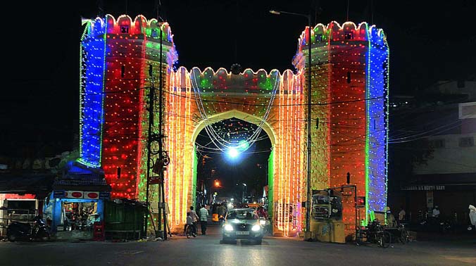 An illuminated Dabeerpura Darwaza for Milad-Un-Nabi on Tuesday. (Photo: DC) An illuminated Dabeerpura Darwaza for Milad-Un-Nabi on Tuesday. (Photo: DC)