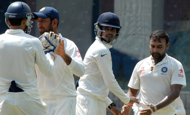 Left-arm spinner Pragyan Ojha turned out to be the biggest gainer while comeback man Amit Mishra (extreme right) got five wickets and more importantly vital overs under his belt as the first unofficial 'Test' match between India A and Australia A Left-arm spinner Pragyan Ojha turned out to be the biggest gainer while comeback man Amit Mishra (extreme right) got five wickets and more importantly vital overs under his belt as the first unofficial 'Test' match between India A and Australia A