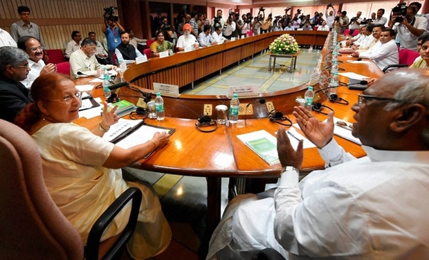 Lok Sabha Speaker Sumitra Mahajan along with leader of Congress in Lok Sabha Mallikarjun Kharge and other political parties during all party meeting in New Delhi (Photo: PTI / File) Lok Sabha Speaker Sumitra Mahajan along with leader of Congress in Lok Sabha Mallikarjun Kharge and other political parties during all party meeting in New Delhi (Photo: PTI / File)