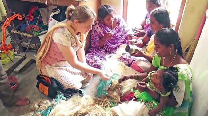 Director of Gandhi Memorial Centre of United States Carrie Trybulec visits Anakaputhur Jute Weavers Association on Tuesday. (Photo: DC) Director of Gandhi Memorial Centre of United States Carrie Trybulec visits Anakaputhur Jute Weavers Association on Tuesday. (Photo: DC)