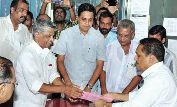 Karayi Chandrasekharan submits nomination papers as the CPM candidate in Thalassery on Monday (Photo: DC) Karayi Chandrasekharan submits nomination papers as the CPM candidate in Thalassery on Monday (Photo: DC)