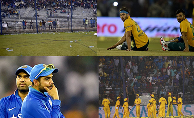 Shameful and unruly crowd behaviour marred the second Twenty20 International as angry spectators hurled water bottles onto the Barabati Stadium that saw South Africa outplay India by 6 wickets to clinch the three-match series. (Photo: AP/PTI/BCCI) Shameful and unruly crowd behaviour marred the second Twenty20 International as angry spectators hurled water bottles onto the Barabati Stadium that saw South Africa outplay India by 6 wickets to clinch the three-match series. (Photo: AP/PTI/BCCI)