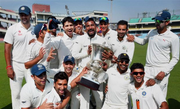 Central Zone players celebrate after beating South Zone in Duleep Trophy in 2014 season. (Photo: PTI) Central Zone players celebrate after beating South Zone in Duleep Trophy in 2014 season. (Photo: PTI)