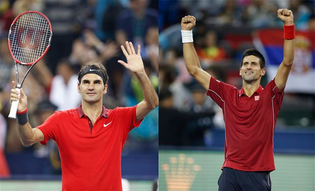 Novak Djokovic and Roger Federer set up a rematch of their Wimbledon final with convincing straight-set wins to reach the semifinals of the Shanghai Masters. Photo: AP Novak Djokovic and Roger Federer set up a rematch of their Wimbledon final with convincing straight-set wins to reach the semifinals of the Shanghai Masters. Photo: AP