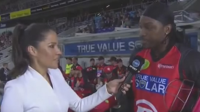 Ten Network reporter Mel McLaughlin found herself being asked out for a drink during an interview with Chris Gayle after he blasted 41 runs off 15 balls for the Melbourne Renegades in the Big Bash League (BBL). (Photo: Screengrab) Ten Network reporter Mel McLaughlin found herself being asked out for a drink during an interview with Chris Gayle after he blasted 41 runs off 15 balls for the Melbourne Renegades in the Big Bash League (BBL). (Photo: Screengrab)