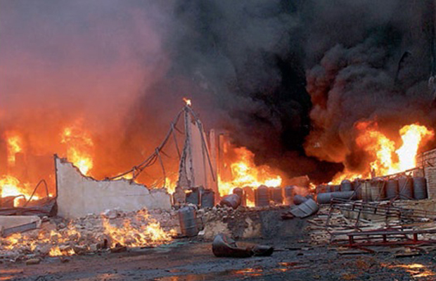 Fire broke out at a chemical factory godown in Jeedimetla on Sunday. There were no casualties. Property worth at least Rs 1 crore was reportedly gutted (Photo: DC) Fire broke out at a chemical factory godown in Jeedimetla on Sunday. There were no casualties. Property worth at least Rs 1 crore was reportedly gutted (Photo: DC)