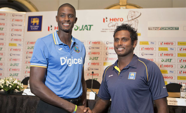 Sri Lanka captain Angelo Mathews (R) and West Indies captain Jason Holder after a media briefing ahead of their cricket series in Colombo on Tuesday. (Photo: AP) Sri Lanka captain Angelo Mathews (R) and West Indies captain Jason Holder after a media briefing ahead of their cricket series in Colombo on Tuesday. (Photo: AP)