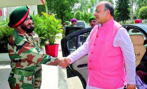 Defence minister Arun Jaitley being received by Lt Gen K.J. Singh, Western Army Commander, on his arrival for a one day visit to the Western Army Command in Amritsar on Monday. (Photo: PTI) Defence minister Arun Jaitley being received by Lt Gen K.J. Singh, Western Army Commander, on his arrival for a one day visit to the Western Army Command in Amritsar on Monday. (Photo: PTI)