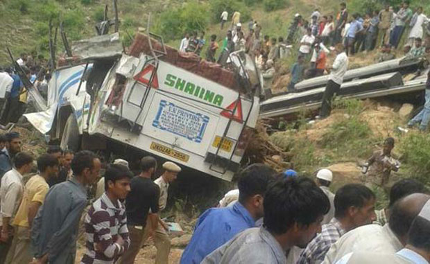 The passenger bus, which was on its way to Udhampur from Latti belt, skidded off the road and rolled down into the gorge in Maroti belt in the district. (Photo: Twitter) The passenger bus, which was on its way to Udhampur from Latti belt, skidded off the road and rolled down into the gorge in Maroti belt in the district. (Photo: Twitter)
