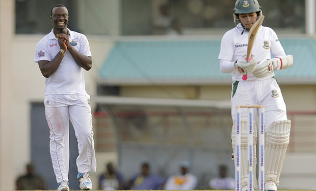 West Indies Kemar Roach (left) was all smiles following his powerful performance that left Bangladesh reeling in the the second Test against Bangladesh at St. Lucia on Sunday; Photo: West Indies Cricket Board West Indies Kemar Roach (left) was all smiles following his powerful performance that left Bangladesh reeling in the the second Test against Bangladesh at St. Lucia on Sunday; Photo: West Indies Cricket Board
