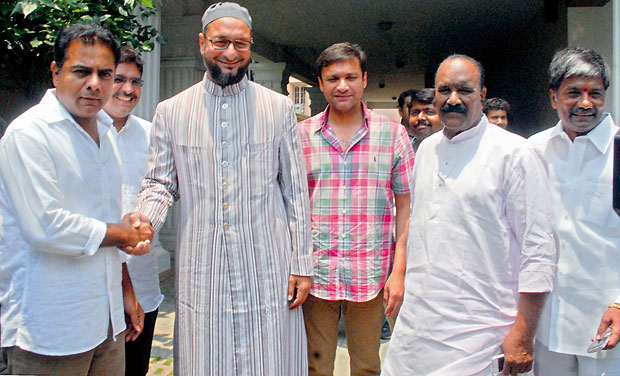TRS legislator K.T. Rama Rao meets MIM chief and Hyderabad MP Asaduddin Owaisi. (Photo: S. Surender Reddy) TRS legislator K.T. Rama Rao meets MIM chief and Hyderabad MP Asaduddin Owaisi. (Photo: S. Surender Reddy)