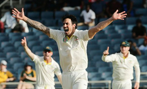 Mitchell Johnson gave England a reminder of what they can expect in the upcoming Ashes series by taking a wicket with just his sixth ball during Australia's tour opener against Kent in Canterbury on Friday. (Photo: AP) Mitchell Johnson gave England a reminder of what they can expect in the upcoming Ashes series by taking a wicket with just his sixth ball during Australia's tour opener against Kent in Canterbury on Friday. (Photo: AP)