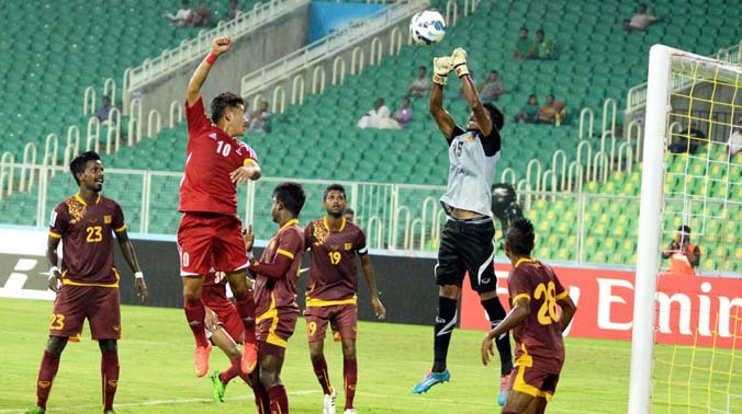 Players of Sri Lanka and Nepal in action during their SAFF Suzuki Cup 2015 match in Thiruvananthapuram on Wednesday. (Photo: AP) Players of Sri Lanka and Nepal in action during their SAFF Suzuki Cup 2015 match in Thiruvananthapuram on Wednesday. (Photo: AP)