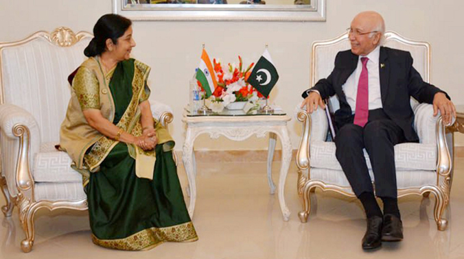 External Affairs Minister Sushma Swaraj with Pakistan's Foreign Affairs Adviser Sartaj Aziz during a meeting in Islamabad (Photo: PTI) External Affairs Minister Sushma Swaraj with Pakistan's Foreign Affairs Adviser Sartaj Aziz during a meeting in Islamabad (Photo: PTI)