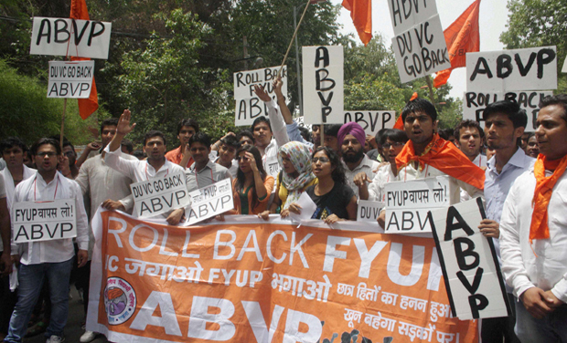 ABVP activists protest against the four-year undergraduate programme (FYUP) of Delhi University in New Delhi (Photo: PTI) ABVP activists protest against the four-year undergraduate programme (FYUP) of Delhi University in New Delhi (Photo: PTI)