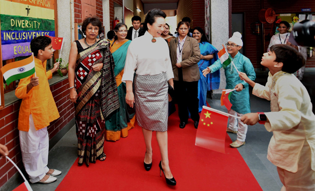 China's first lady Peng Liyuan arrives at the Tagore International School in New Delhi (Photo: PTI) China's first lady Peng Liyuan arrives at the Tagore International School in New Delhi (Photo: PTI)