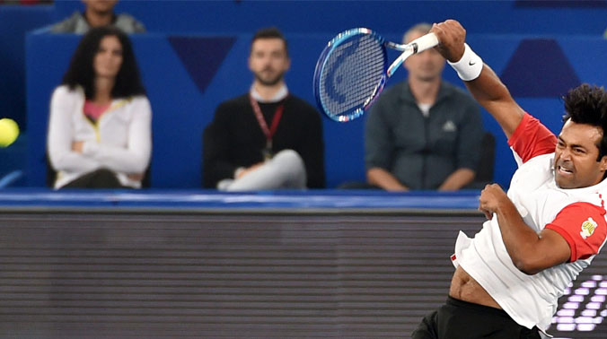 Leander Paes, however, made amends by teaming up with Philipp Kohlschreiber to defeat Marcelo Melo and Nick Kyrgios 6-4 in the men's doubles set. (Photo: PTI) Leander Paes, however, made amends by teaming up with Philipp Kohlschreiber to defeat Marcelo Melo and Nick Kyrgios 6-4 in the men's doubles set. (Photo: PTI)