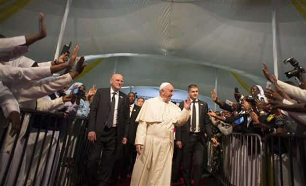 Pope Francis arrives for a meeting with clergy, religious men and women and seminarians at the sports field of St Mary's School, in Nairobi, Kenya. (Photo: AP) Pope Francis arrives for a meeting with clergy, religious men and women and seminarians at the sports field of St Mary's School, in Nairobi, Kenya. (Photo: AP)