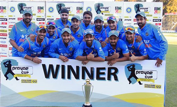 Skipper Ajinkya Rahane (along with his army) after the post match presentation in Harare on Tuesday. (Photo: AP) Skipper Ajinkya Rahane (along with his army) after the post match presentation in Harare on Tuesday. (Photo: AP)