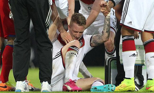 Germany's 6-1 friendly win over Armenia on Friday was overshadowed by the ankle injury which threatens to rule left winger Marco Reus out of the World Cup. Photo: AFP Germany's 6-1 friendly win over Armenia on Friday was overshadowed by the ankle injury which threatens to rule left winger Marco Reus out of the World Cup. Photo: AFP
