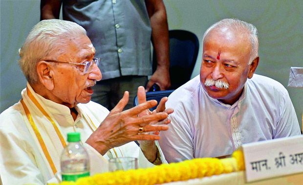 RSS chief Mohan Bhagwat and VHP leader Ashok Singhal during a book release function in New Delhi on Sunday. (Photo: PTI) RSS chief Mohan Bhagwat and VHP leader Ashok Singhal during a book release function in New Delhi on Sunday. (Photo: PTI)