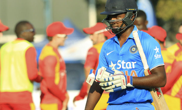 India cricketer Sanju Samson walks off the pitch after being dismissed during the second T20 match against Zimbabwe in Harare on Sunday. (Photo: AP) India cricketer Sanju Samson walks off the pitch after being dismissed during the second T20 match against Zimbabwe in Harare on Sunday. (Photo: AP)