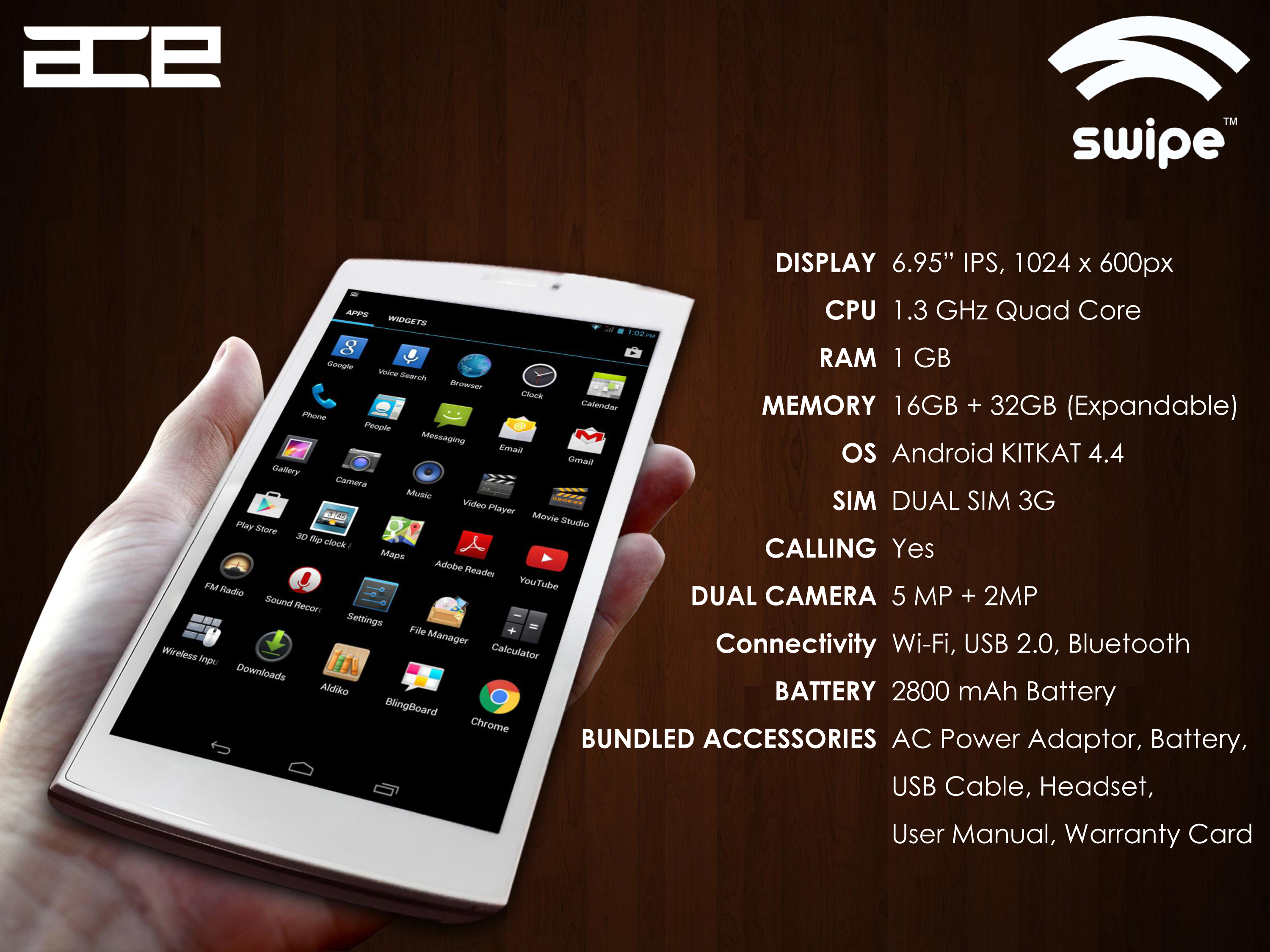Swipe Launches 16GB Quad core ACE Tablet At Rs 7 299