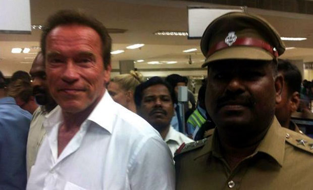 Arnold Schawrzeneggar at Chennai airport . Photo: Twitter Arnold Schawrzeneggar at Chennai airport . Photo: Twitter