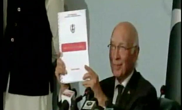 Pakistan National Security Adviser Sartaj Aziz holds up 3 dossiers he will be carrying to India for the NSA-level talks (Photo: ANI Twitter) Pakistan National Security Adviser Sartaj Aziz holds up 3 dossiers he will be carrying to India for the NSA-level talks (Photo: ANI Twitter)