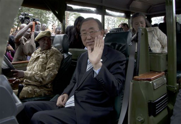 United Nations Secretary General Ban Ki-moon waves as he takes a drive in Nairobi National Park, during his visit to the Nairobi Animal Orphanage in Nairobi, Kenya, on Saturday. (Photo: AP) United Nations Secretary General Ban Ki-moon waves as he takes a drive in Nairobi National Park, during his visit to the Nairobi Animal Orphanage in Nairobi, Kenya, on Saturday. (Photo: AP)
